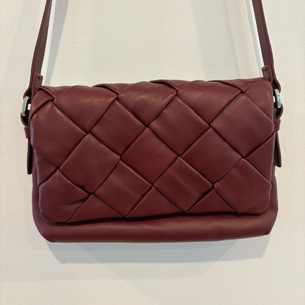 & Other Stories maroon leather handbag with woven flap detail & silver hardware